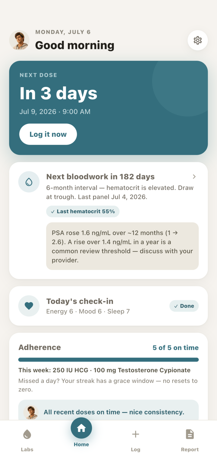 Seralog home screen with the next dose countdown, adherence, and next scheduled bloodwork.